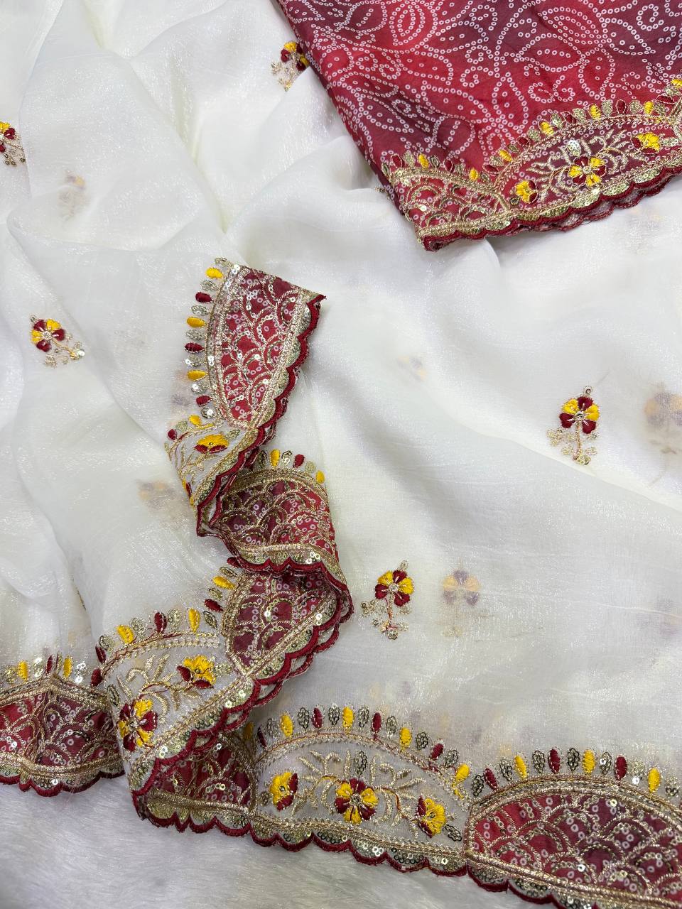 White Crunchy Silk Sequins and Thread Work Saree For Women