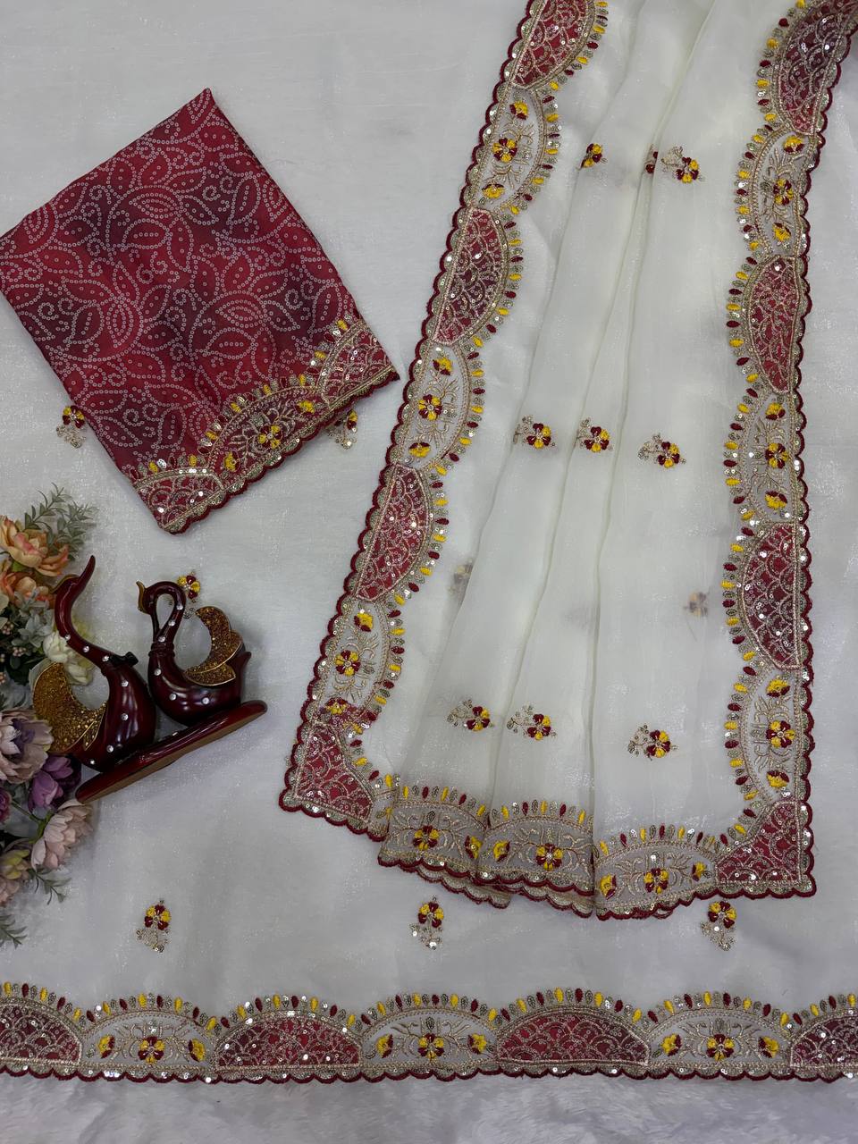 White Crunchy Silk Sequins and Thread Work Saree For Women
