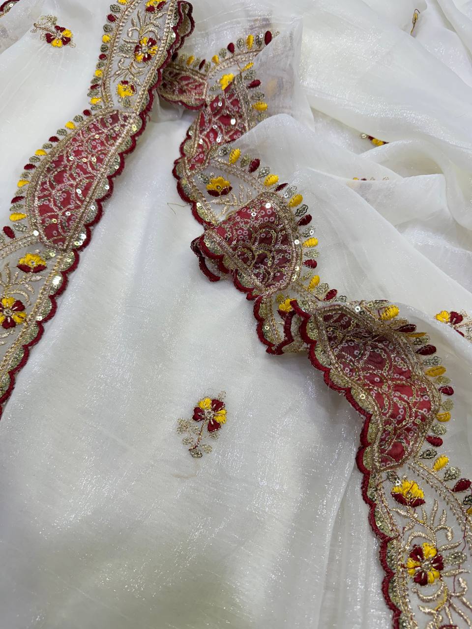 White Crunchy Silk Sequins and Thread Work Saree For Women