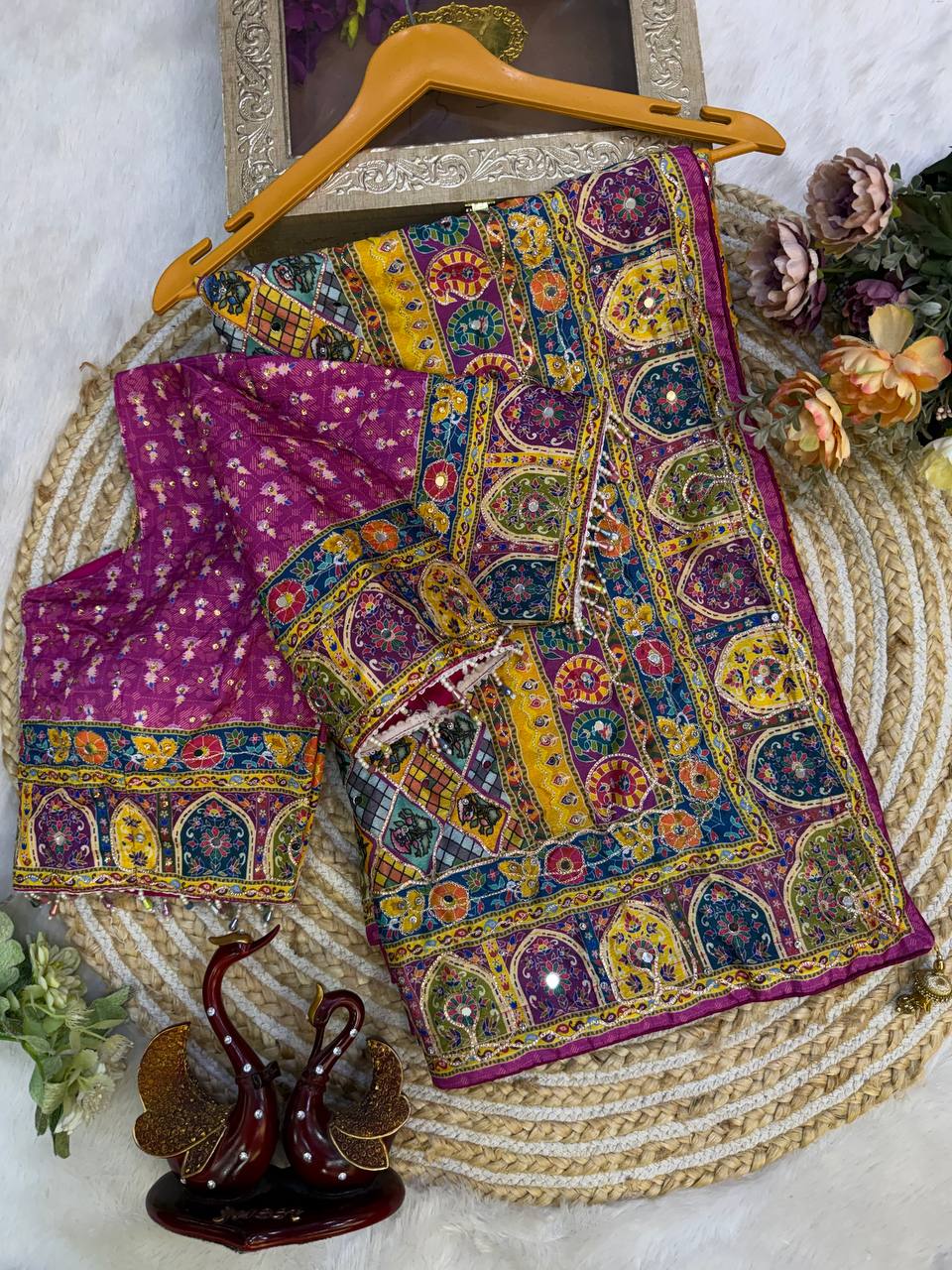 Multicolor Soft Chinnon Print & Mirror Hand Work Saree
