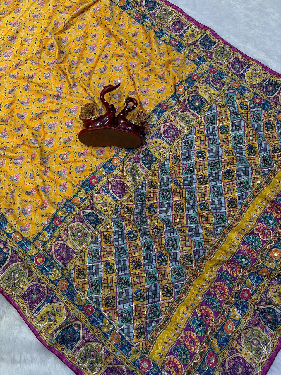 Multicolor Soft Chinnon Print & Mirror Hand Work Saree