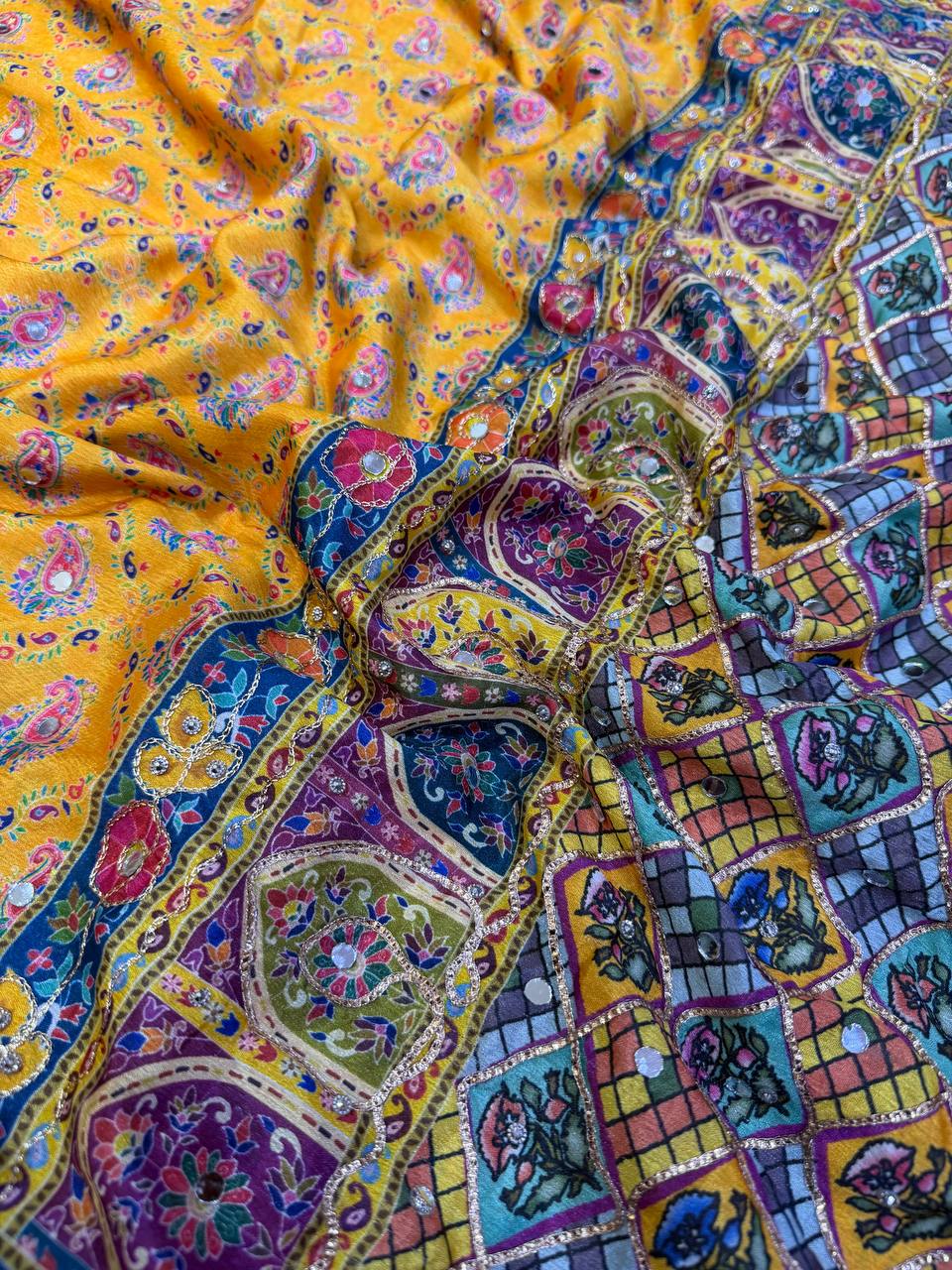 Multicolor Soft Chinnon Print & Mirror Hand Work Saree