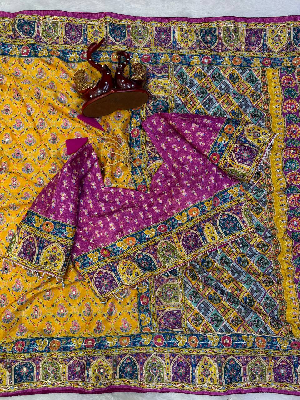 Multicolor Soft Chinnon Print & Mirror Hand Work Saree