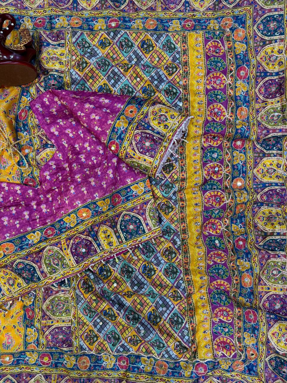 Multicolor Soft Chinnon Print & Mirror Hand Work Saree