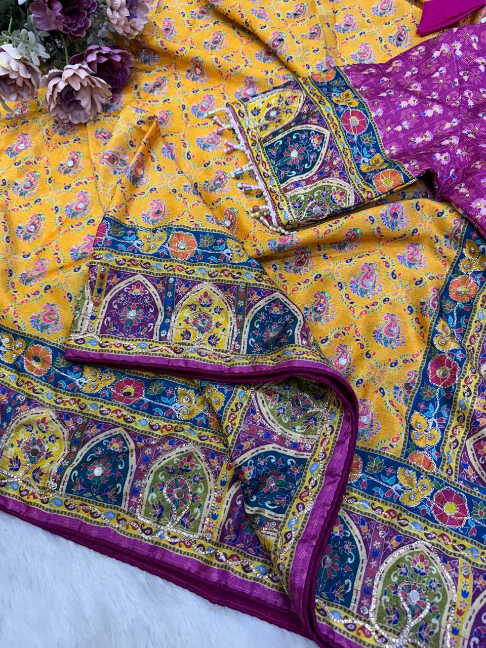 Multicolor Soft Chinnon Print & Mirror Hand Work Saree