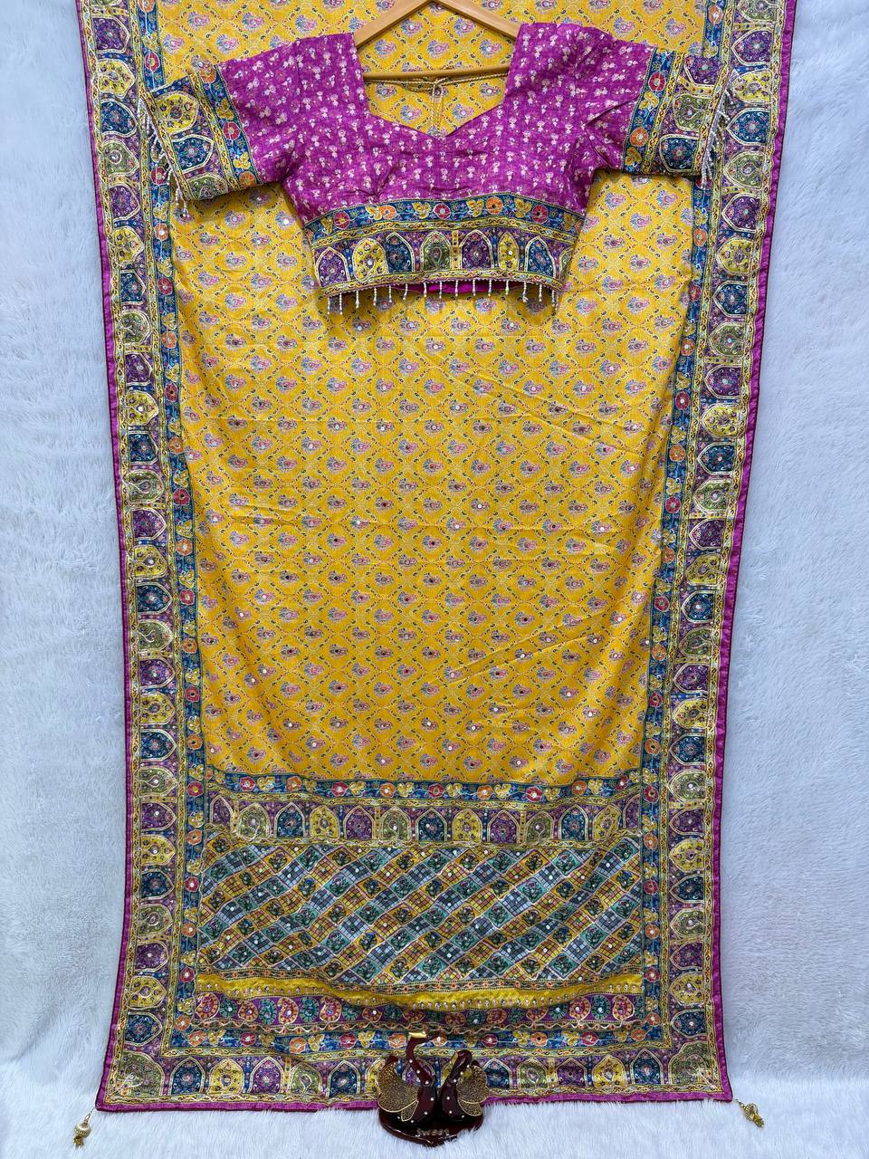 Multicolor Soft Chinnon Print & Mirror Hand Work Saree