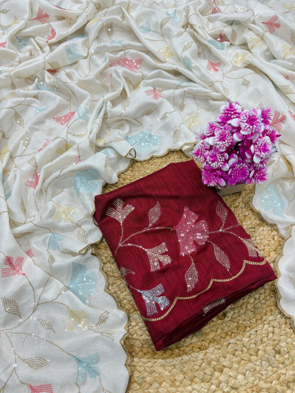 Off White Premium Crush Georgette Chiffon Silk Saree with Multi Thread Sequins Embroidery & Gold Zari Arco Border