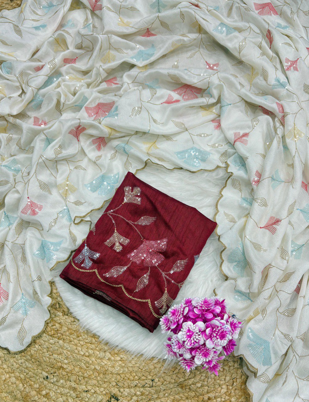 Off White Premium Crush Georgette Chiffon Silk Saree with Multi Thread Sequins Embroidery & Gold Zari Arco Border