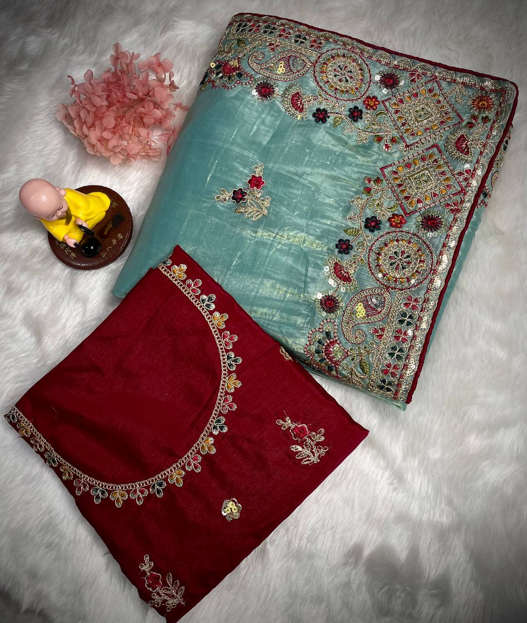 Mint Green Gold Crush Saree with C-Pallu Coding Sequence Multi Thread Embroidery
