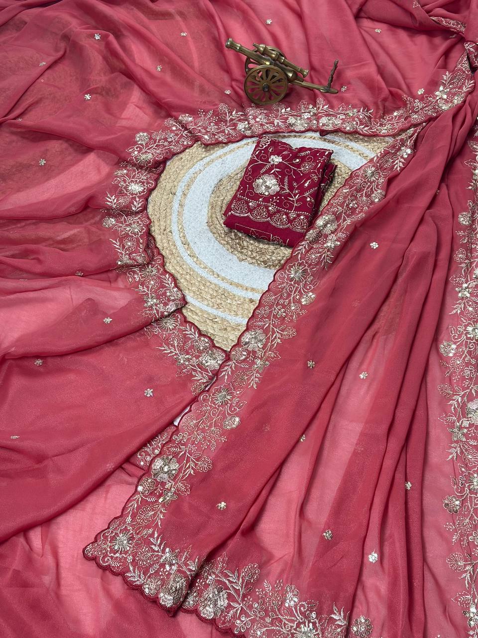 Rust Red Star Georgette Silk Saree with Thread, Zari & Sequin C-Pallu Embroidery