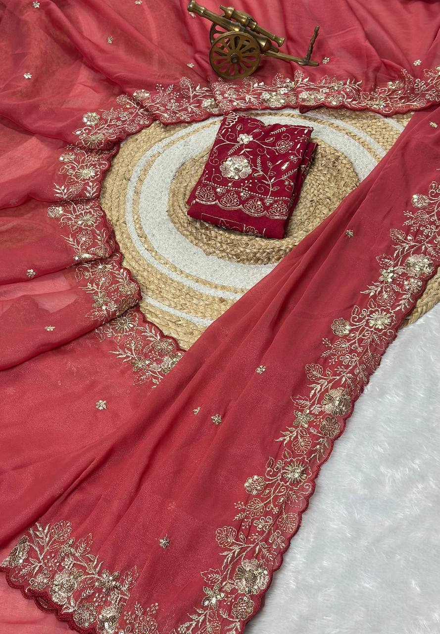 Rust Red Star Georgette Silk Saree with Thread, Zari & Sequin C-Pallu Embroidery