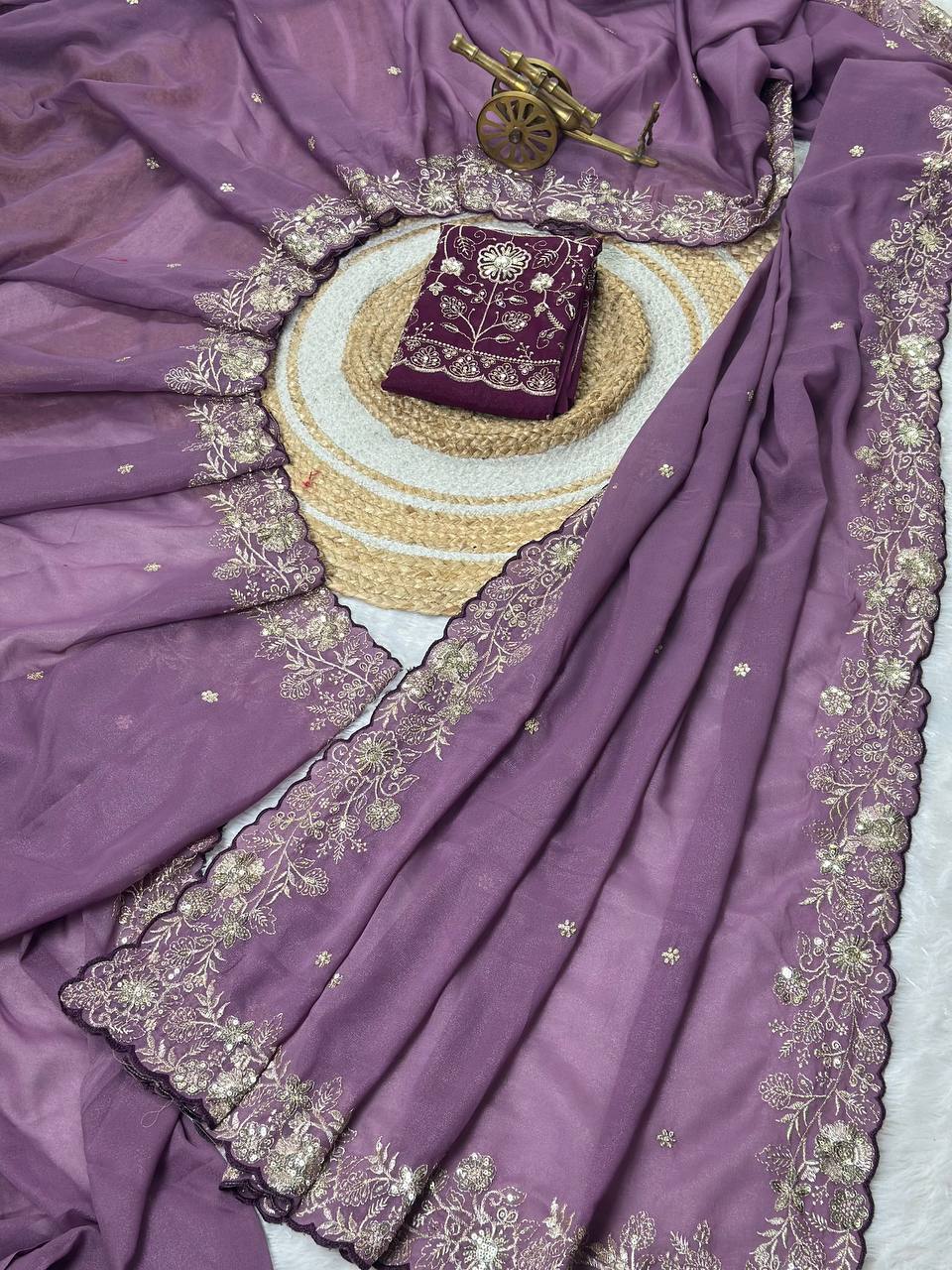 Dusty Purple Star Georgette Silk Saree with Thread, Zari & Sequin C-Pallu Embroidery