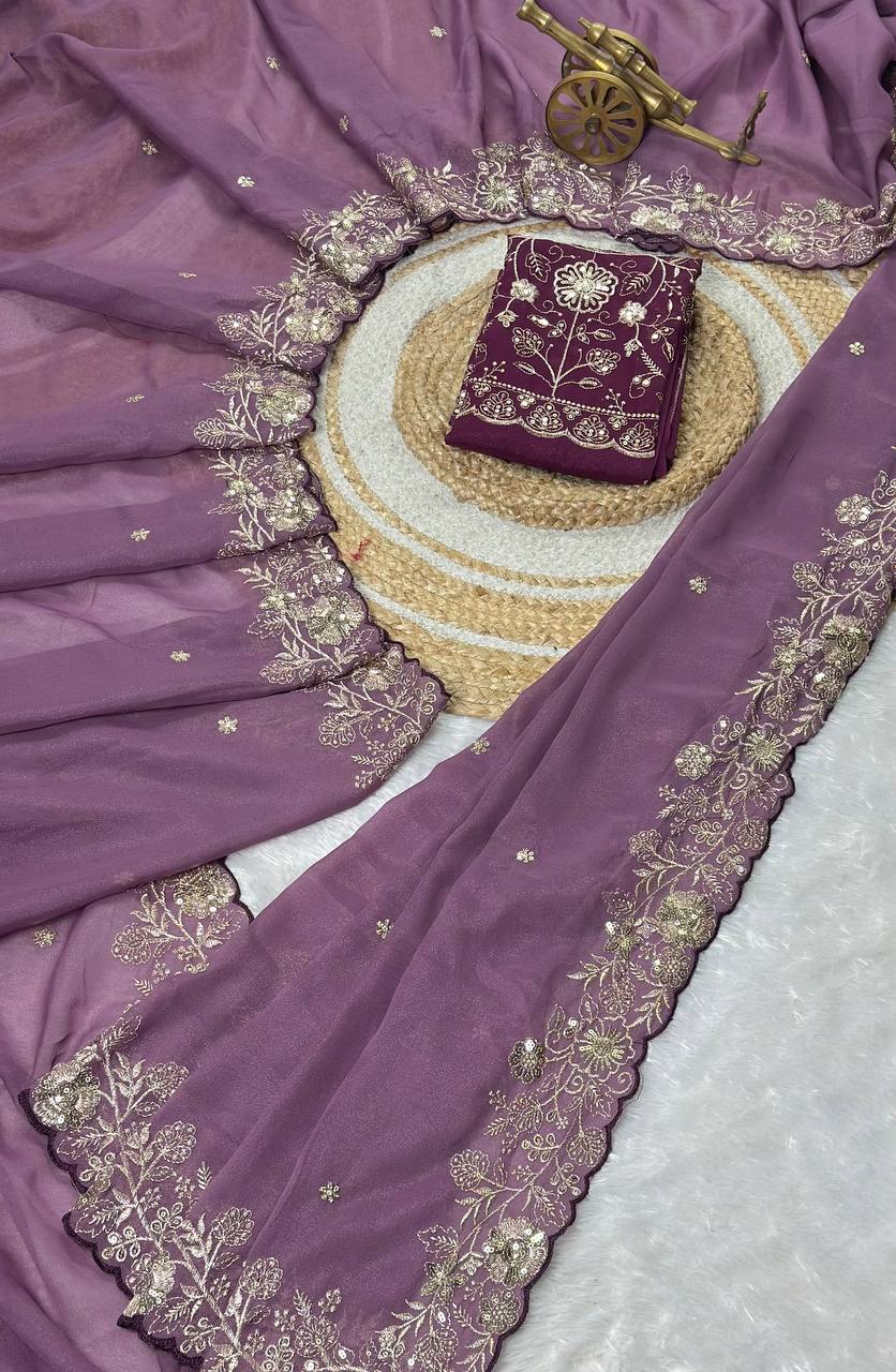 Dusty Purple Star Georgette Silk Saree with Thread, Zari & Sequin C-Pallu Embroidery