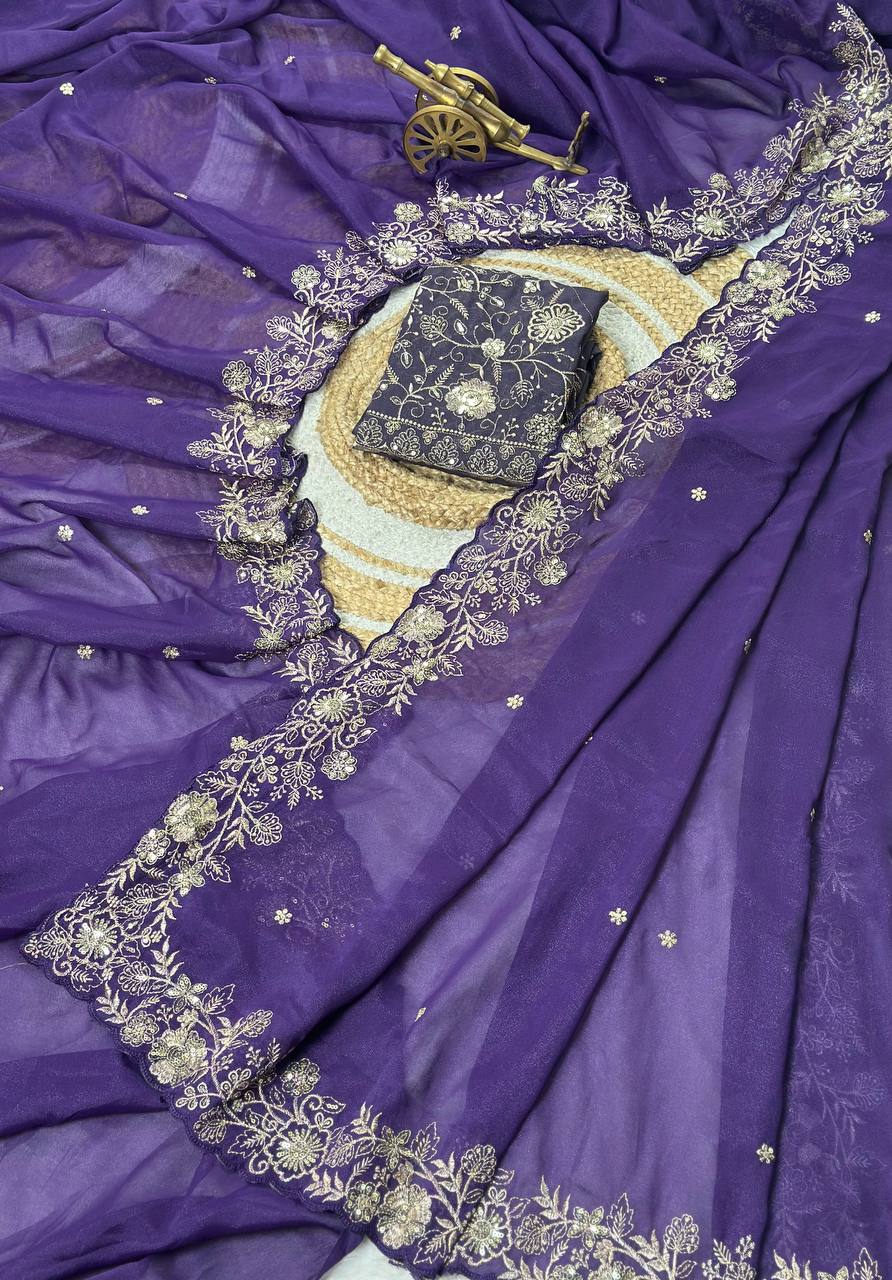 Royal Purple Star Georgette Silk Saree with Thread, Zari & Sequin C-Pallu Embroidery