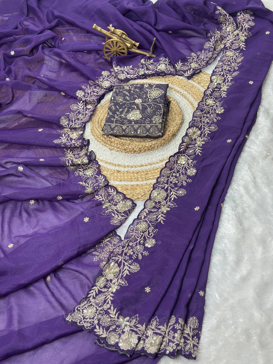 Royal Purple Star Georgette Silk Saree with Thread, Zari & Sequin C-Pallu Embroidery