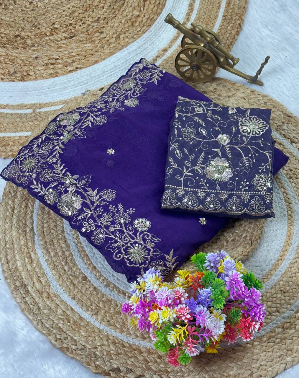 Royal Purple Star Georgette Silk Saree with Thread, Zari & Sequin C-Pallu Embroidery
