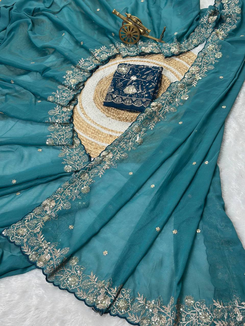 Teal Blue Star Georgette Silk Saree with Thread, Zari & Sequin C-Pallu Embroidery