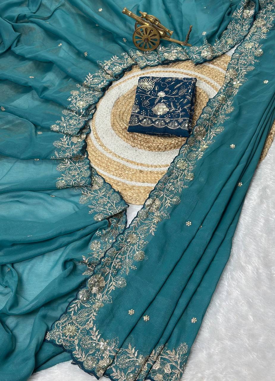 Teal Blue Star Georgette Silk Saree with Thread, Zari & Sequin C-Pallu Embroidery