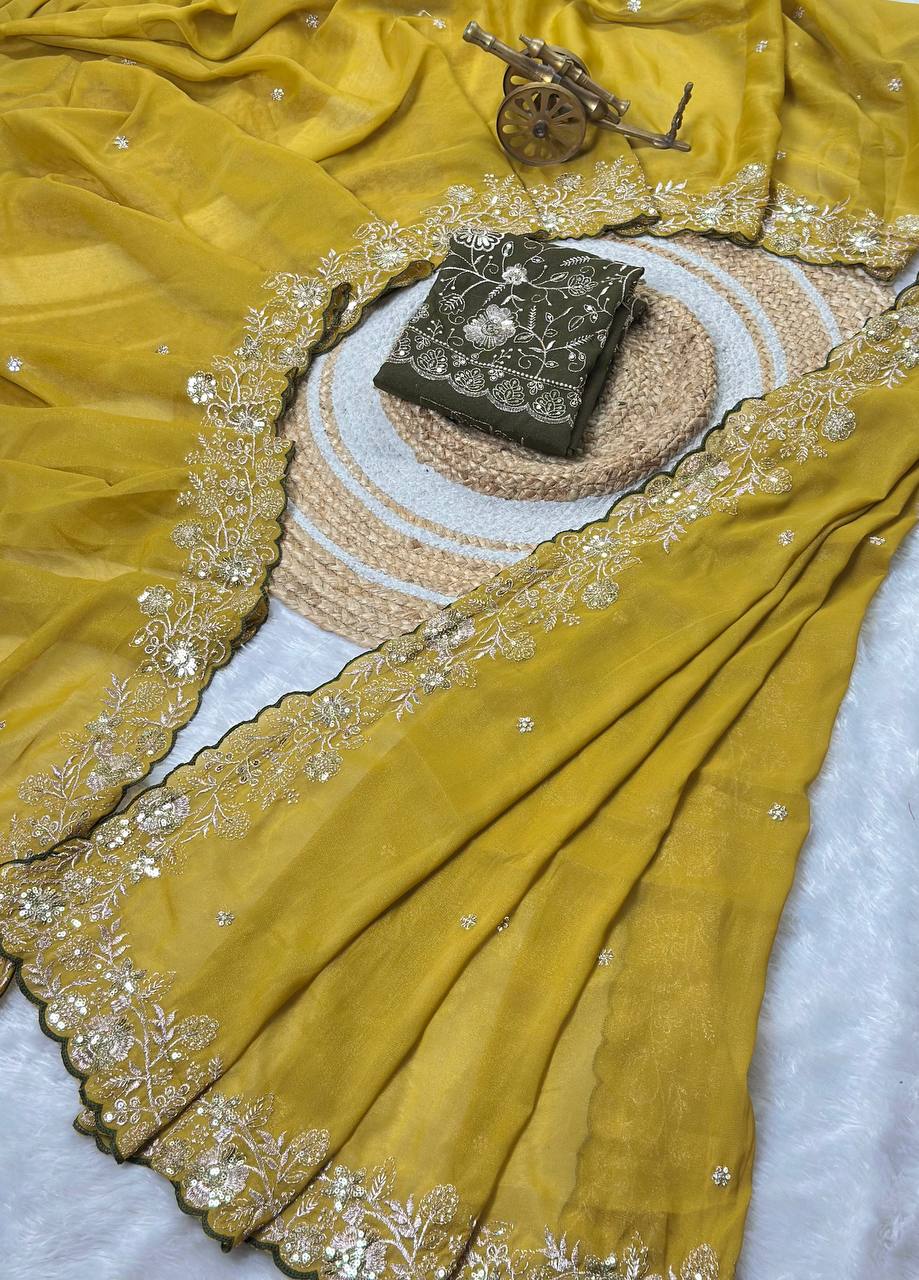 Mustard Yellow Star Georgette Silk Saree with Thread, Zari & Sequin C-Pallu Embroidery