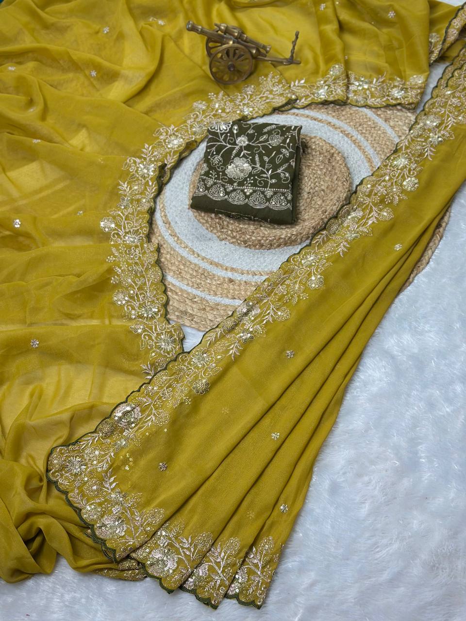 Mustard Yellow Star Georgette Silk Saree with Thread, Zari & Sequin C-Pallu Embroidery