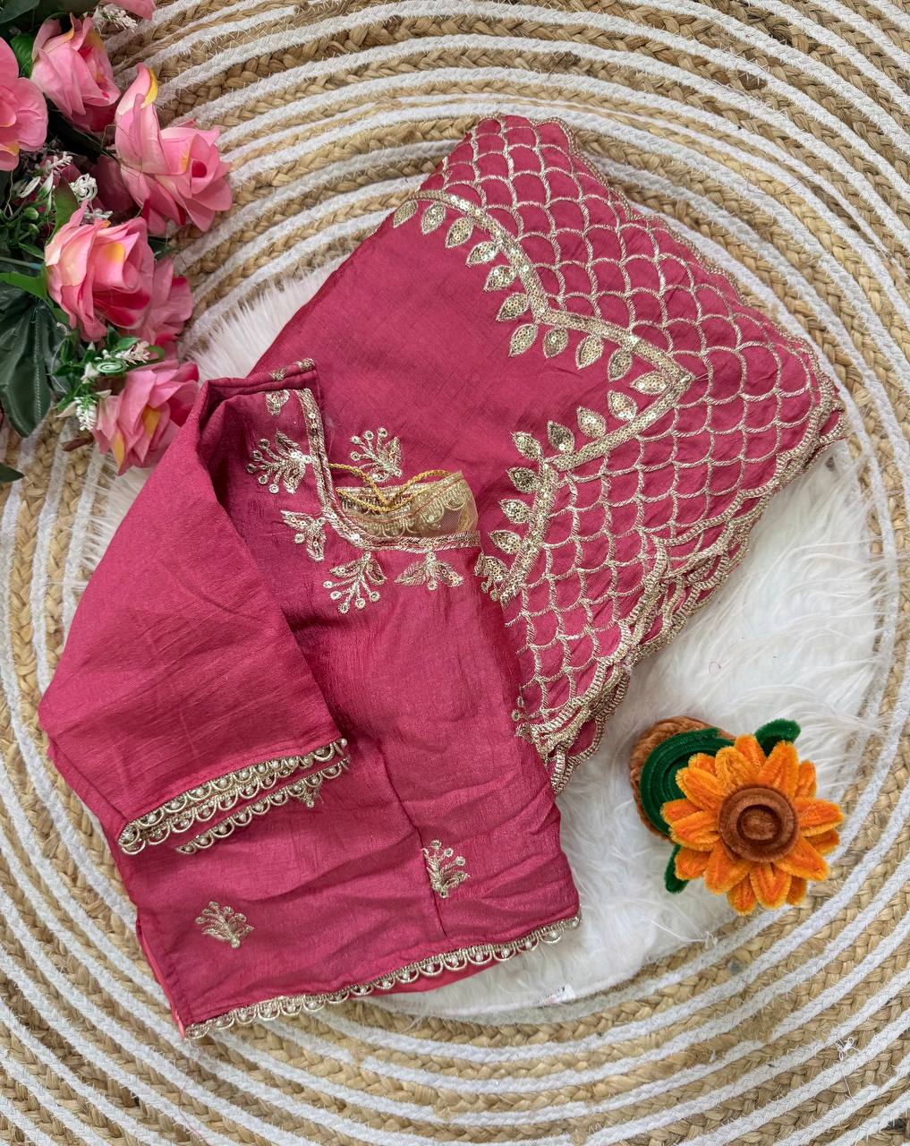 Magenta Pink Premium Vichitra Silk Saree with Zari Thread, 3mm Sequin C-Pallu