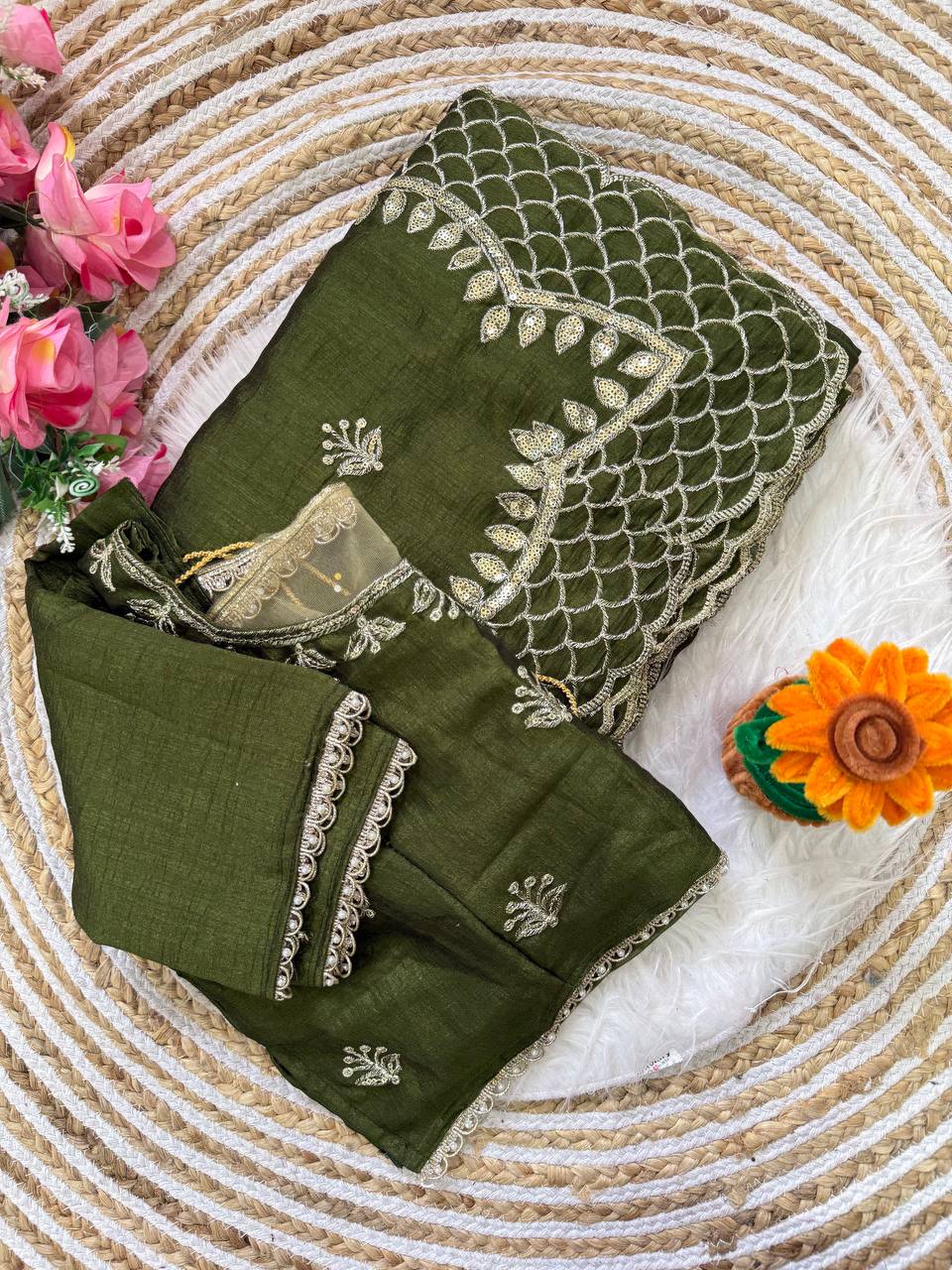Olive Green Premium Vichitra Silk Saree with Zari Thread, 3mm Sequin C-Pallu