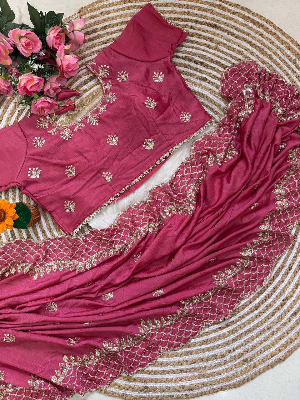 Magenta Pink Premium Vichitra Silk Saree with Zari Thread, 3mm Sequin C-Pallu
