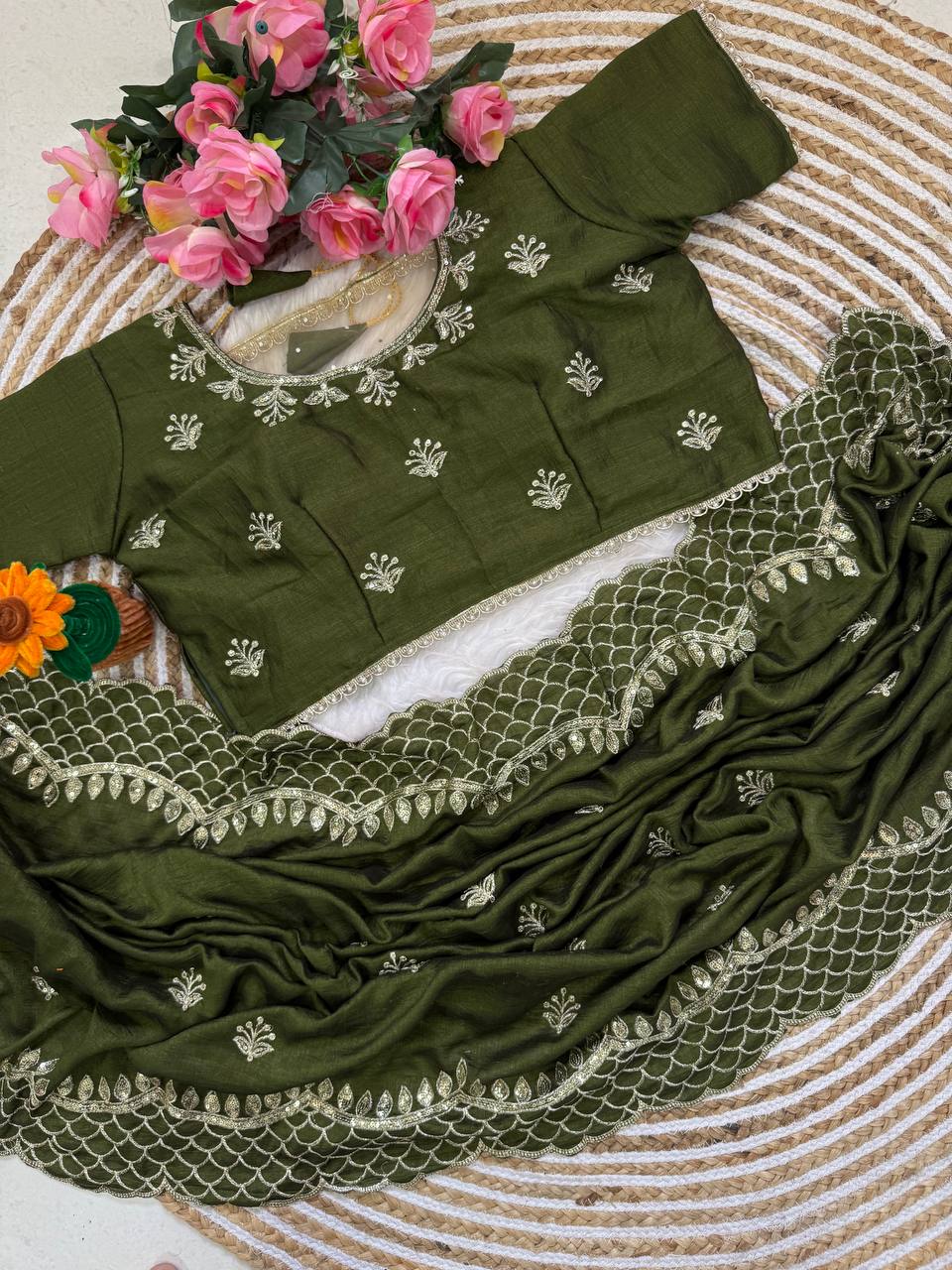 Olive Green Premium Vichitra Silk Saree with Zari Thread, 3mm Sequin C-Pallu