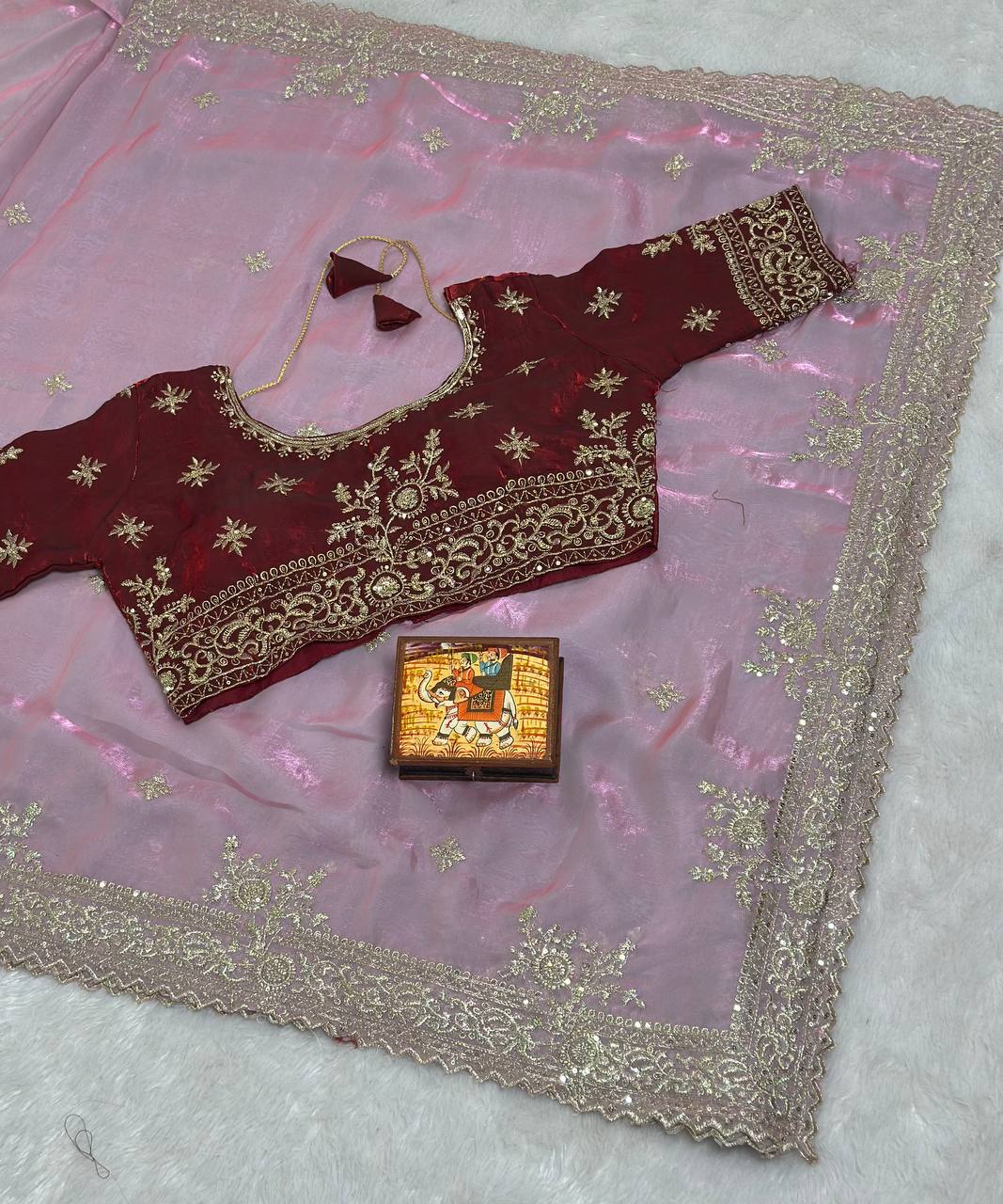 Light Pink Pure Fancy Satin Saree with Wine Maroon Embroidered Stitched Blouse