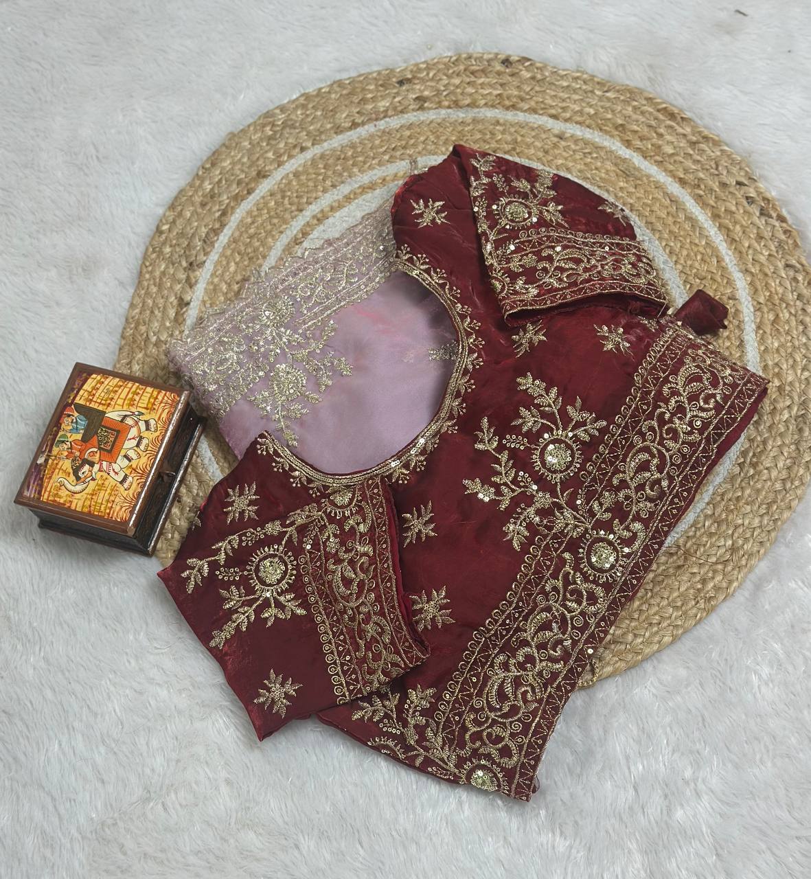 Light Pink Pure Fancy Satin Saree with Wine Maroon Embroidered Stitched Blouse