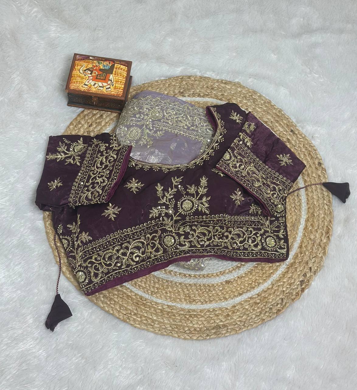 Dusty Lavender Pure Fancy Satin Saree with Dark Purple Embroidered Stitched Blouse