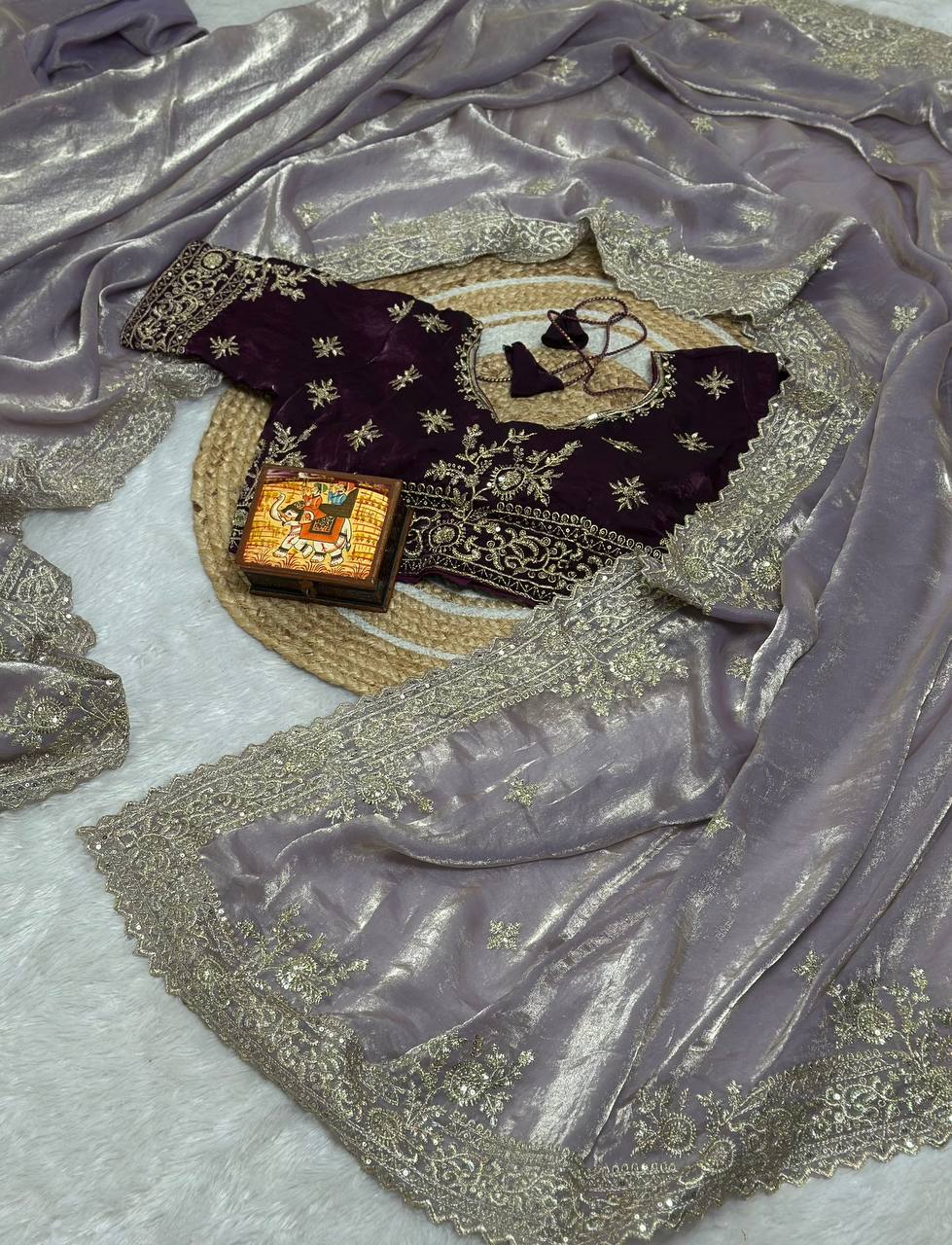 Dusty Lavender Pure Fancy Satin Saree with Dark Purple Embroidered Stitched Blouse