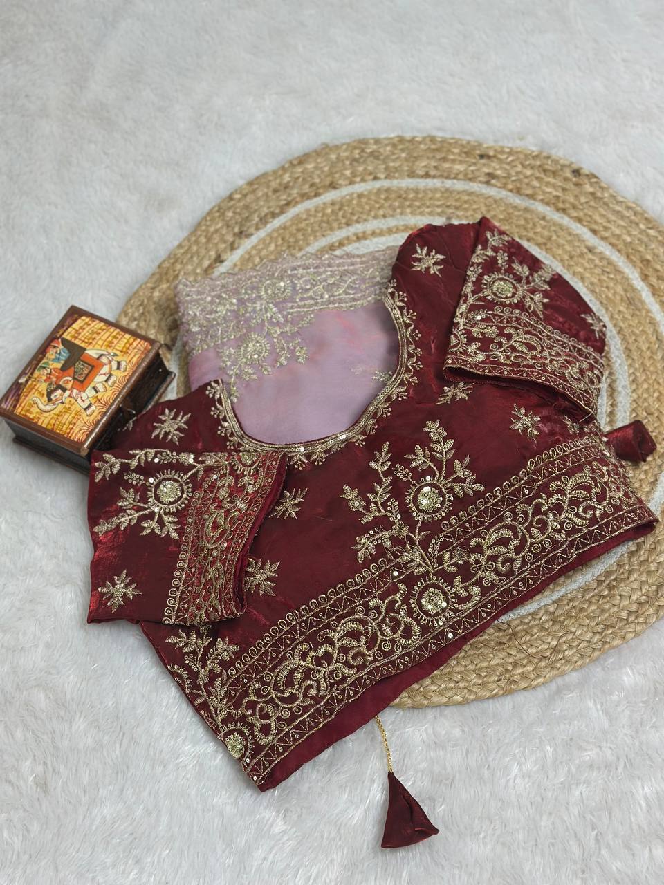Light Pink Pure Fancy Satin Saree with Wine Maroon Embroidered Stitched Blouse