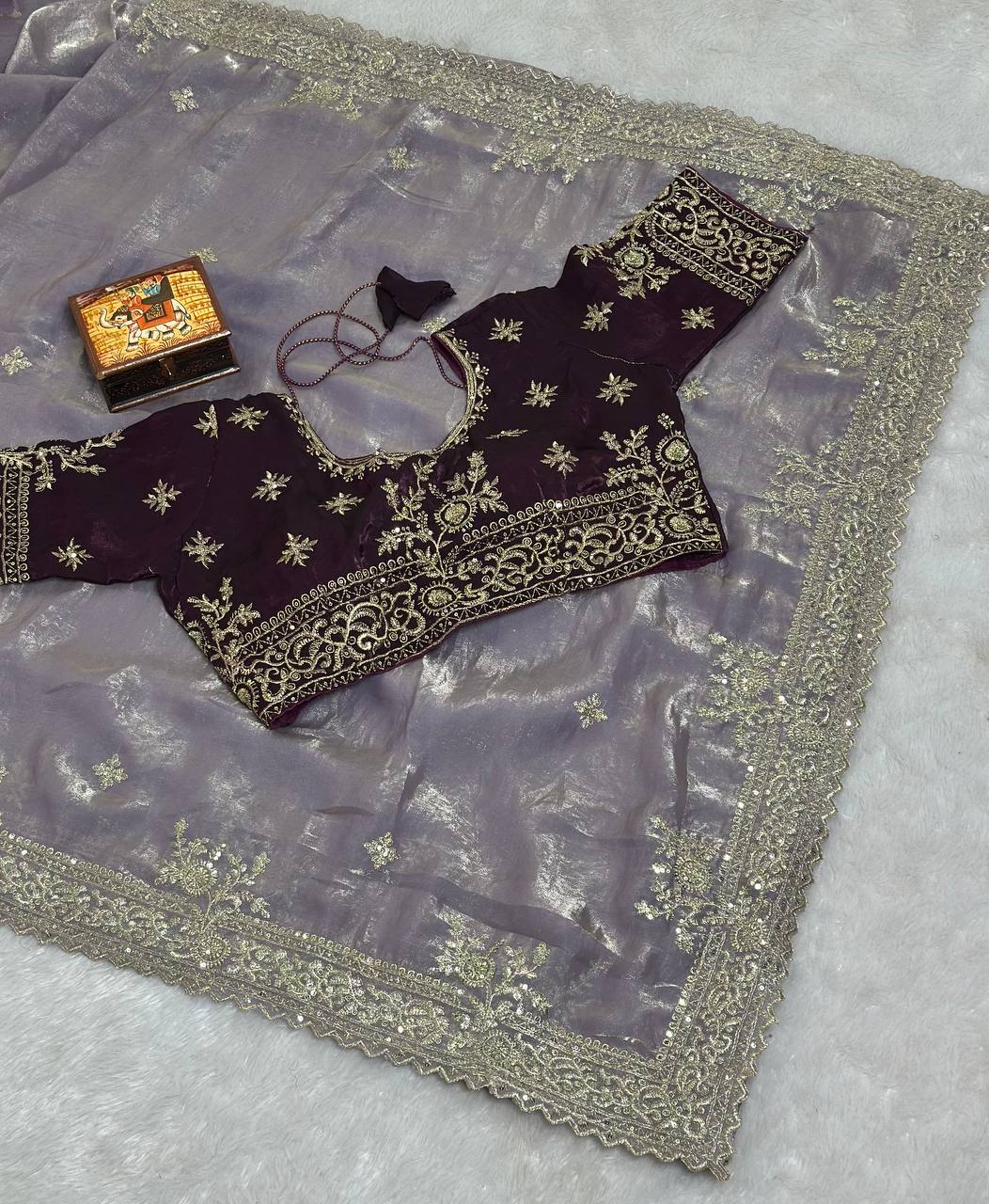 Dusty Lavender Pure Fancy Satin Saree with Dark Purple Embroidered Stitched Blouse