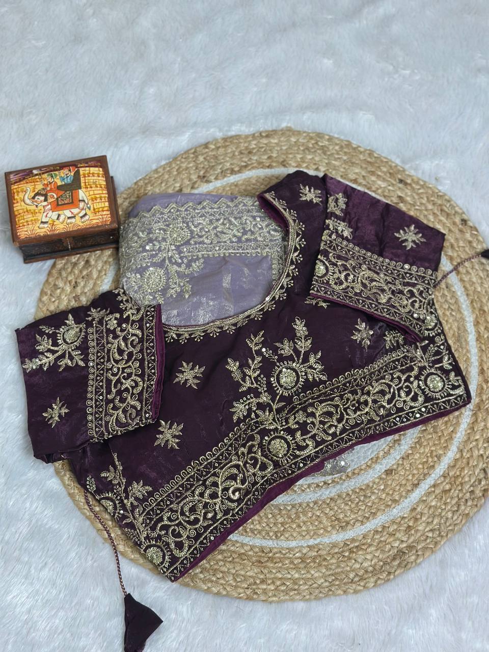 Dusty Lavender Pure Fancy Satin Saree with Dark Purple Embroidered Stitched Blouse