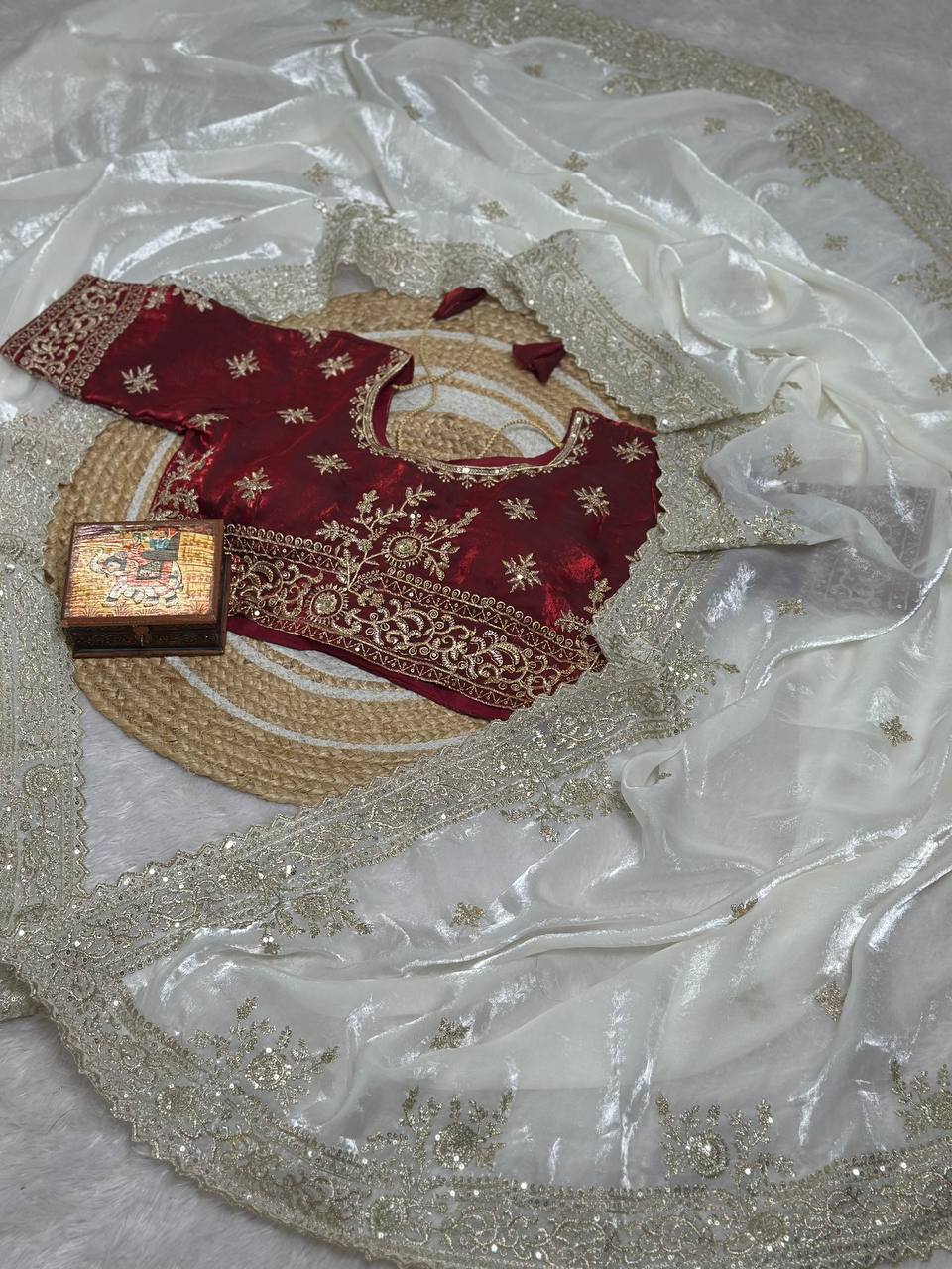 Off-White Pure Fancy Satin Saree with Maroon Red Embroidered Stitched Blouse