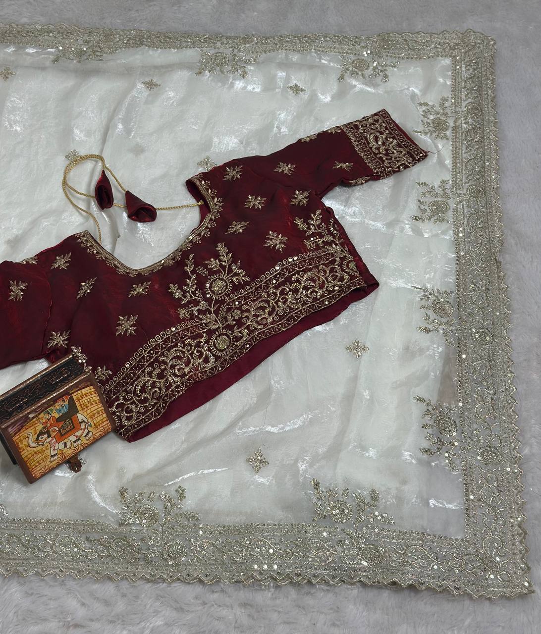 Off-White Pure Fancy Satin Saree with Maroon Red Embroidered Stitched Blouse