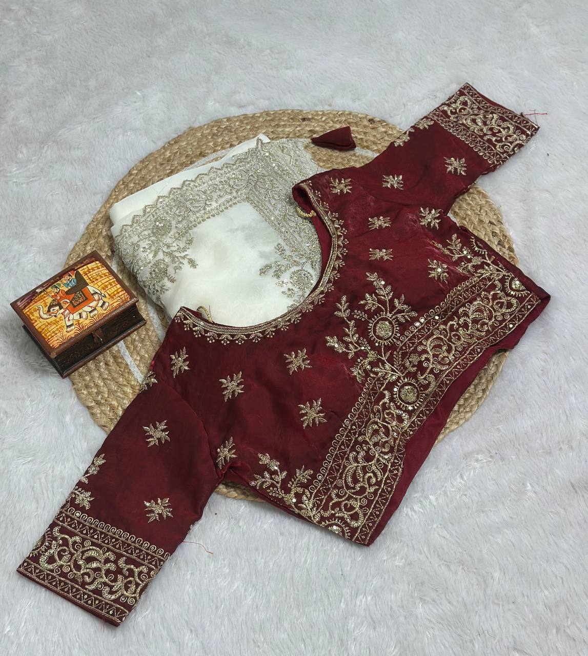 Off-White Pure Fancy Satin Saree with Maroon Red Embroidered Stitched Blouse