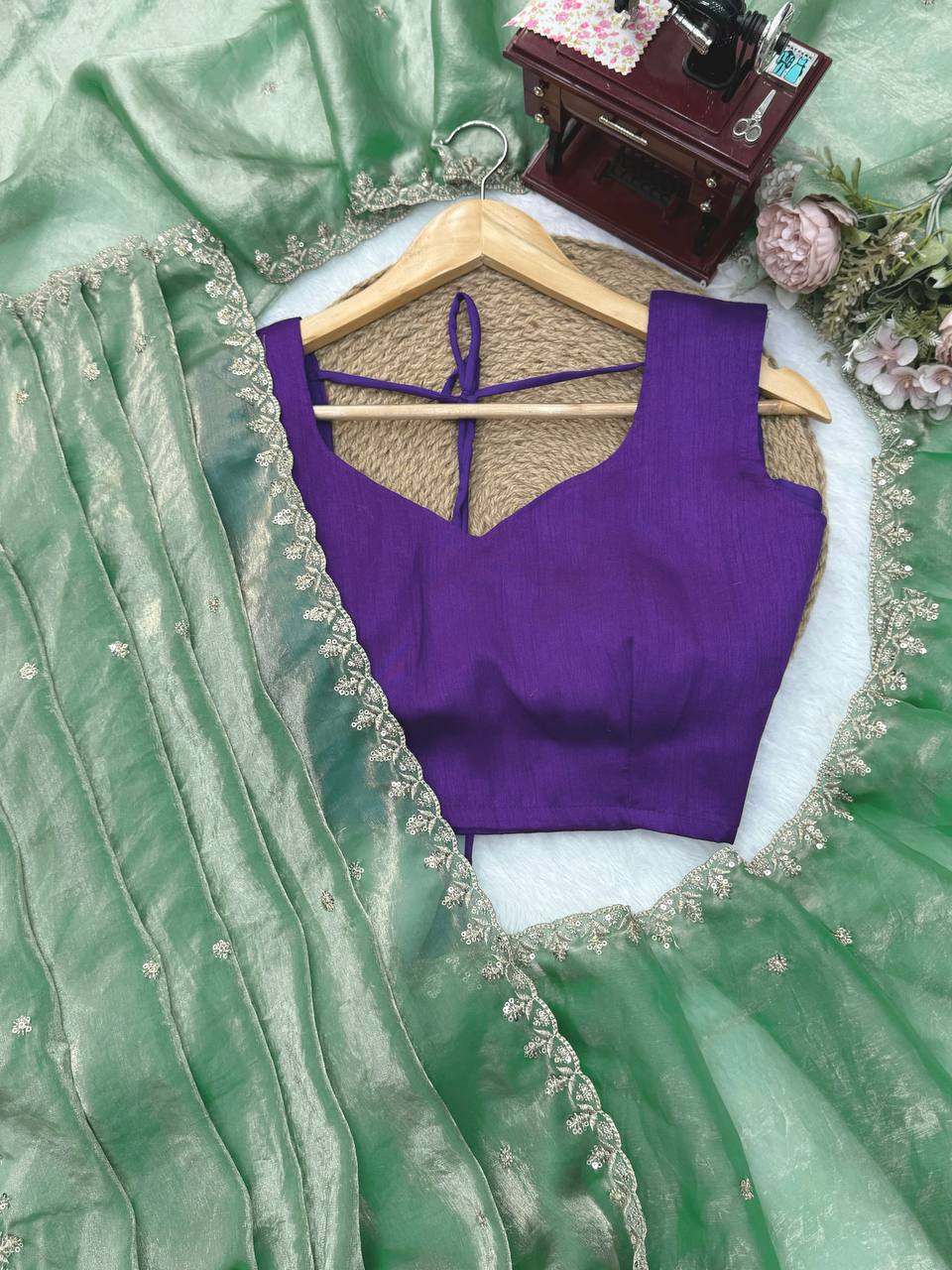 Sage Green Fandy Silk Saree with Embroidery Lace Border