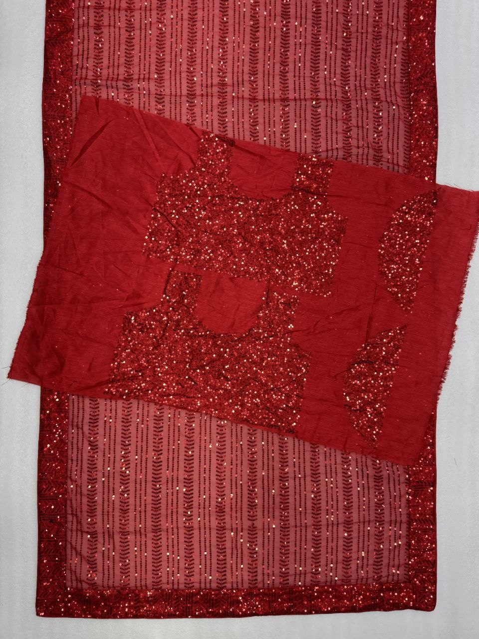 Red Linear Sequence Embroidered Party Wear Saree