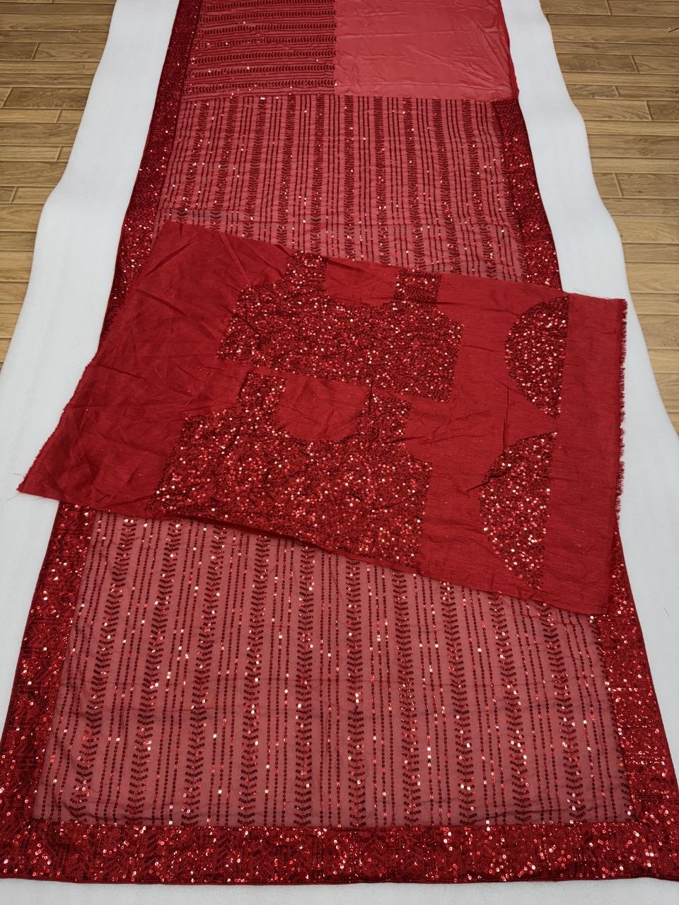 Red Linear Sequence Embroidered Party Wear Saree