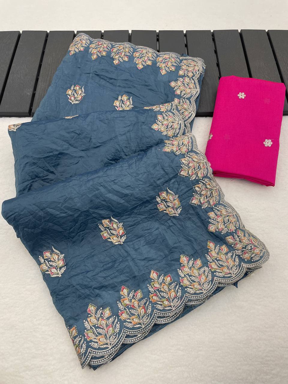 Slate Blue Premium Gold Crush Silk Saree with Multi-Thread C-Pallu Embroidery & Arch Cutwork Border