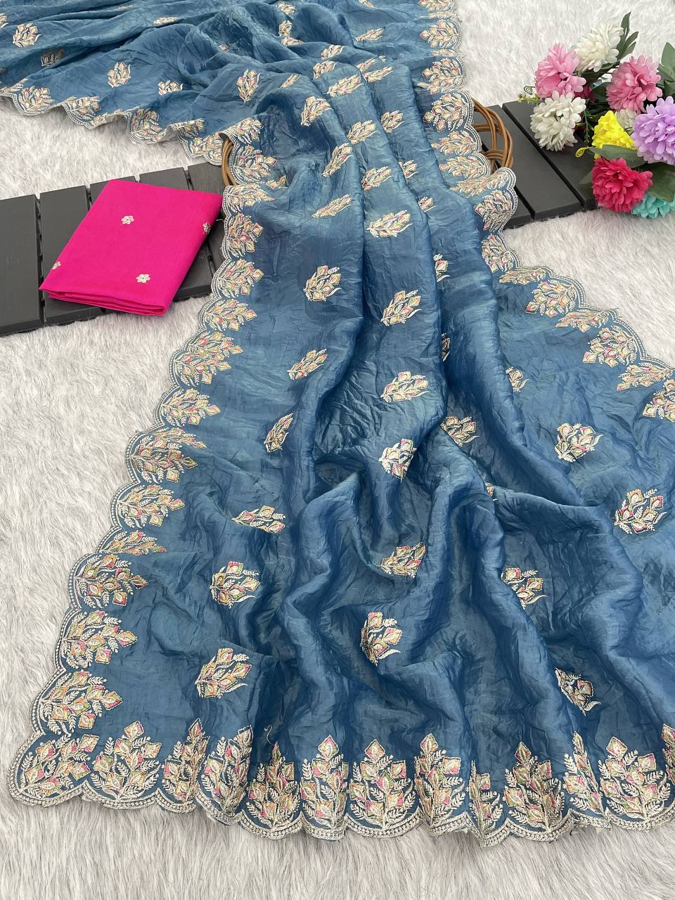 Slate Blue Premium Gold Crush Silk Saree with Multi-Thread C-Pallu Embroidery & Arch Cutwork Border