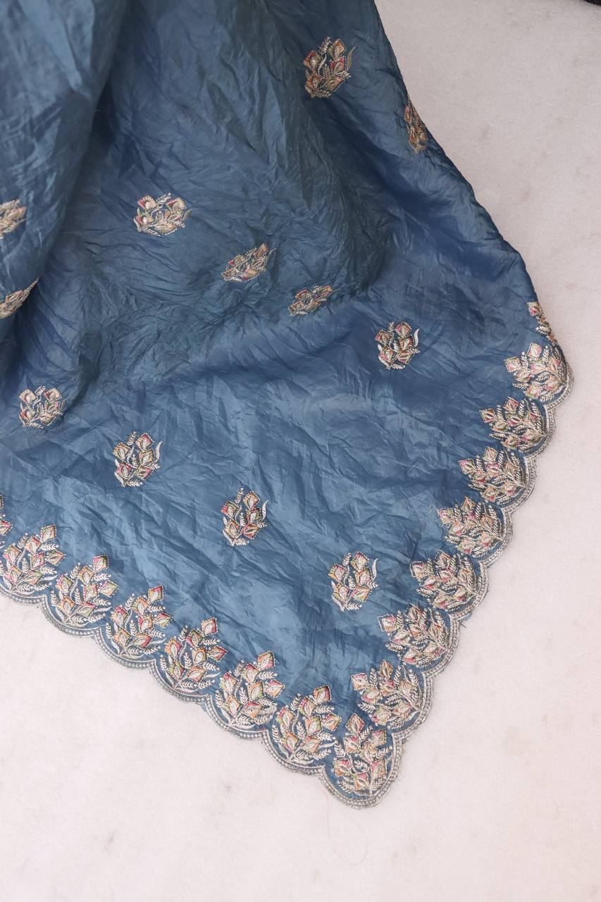 Slate Blue Premium Gold Crush Silk Saree with Multi-Thread C-Pallu Embroidery & Arch Cutwork Border