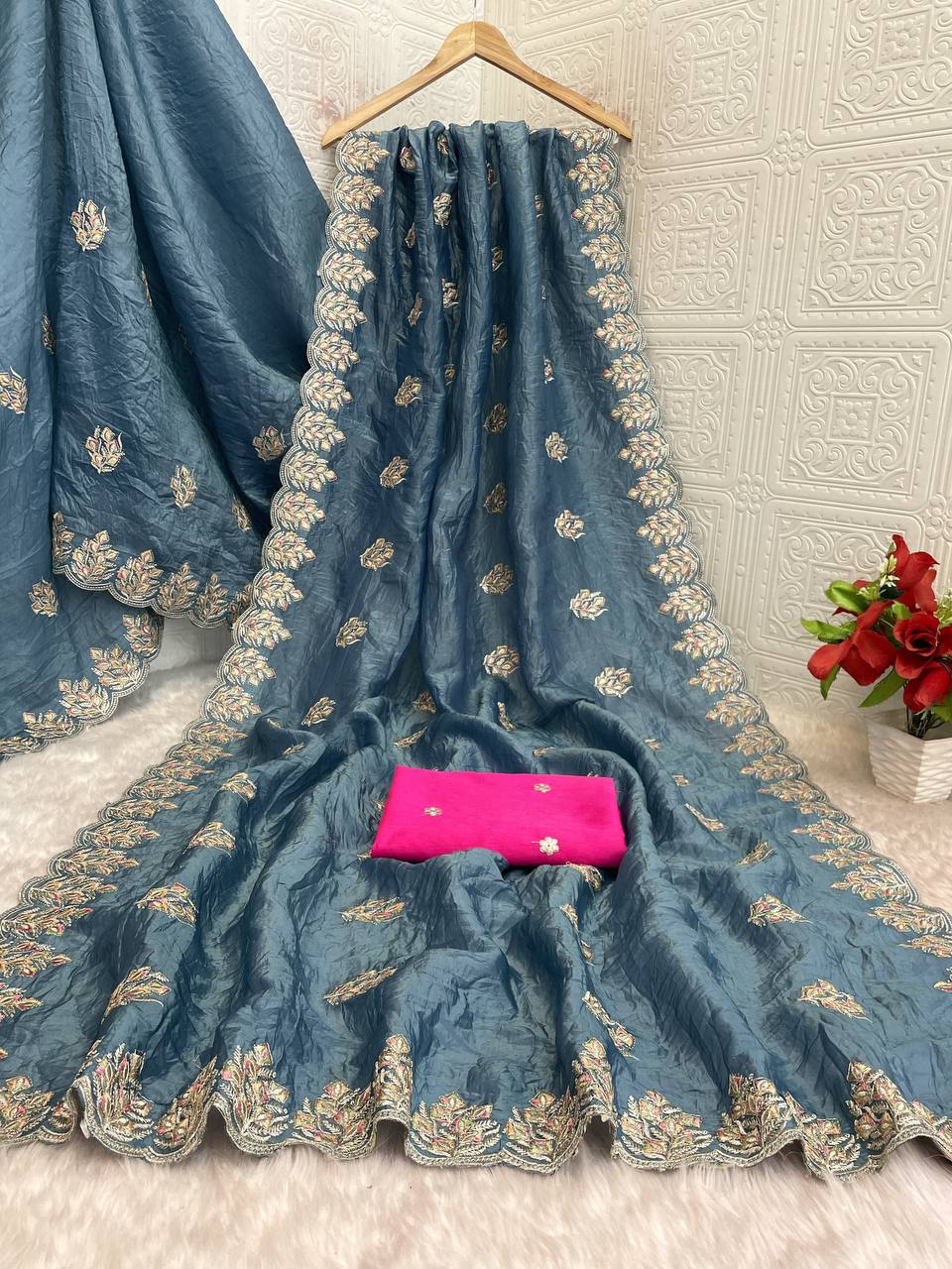 Slate Blue Premium Gold Crush Silk Saree with Multi-Thread C-Pallu Embroidery & Arch Cutwork Border