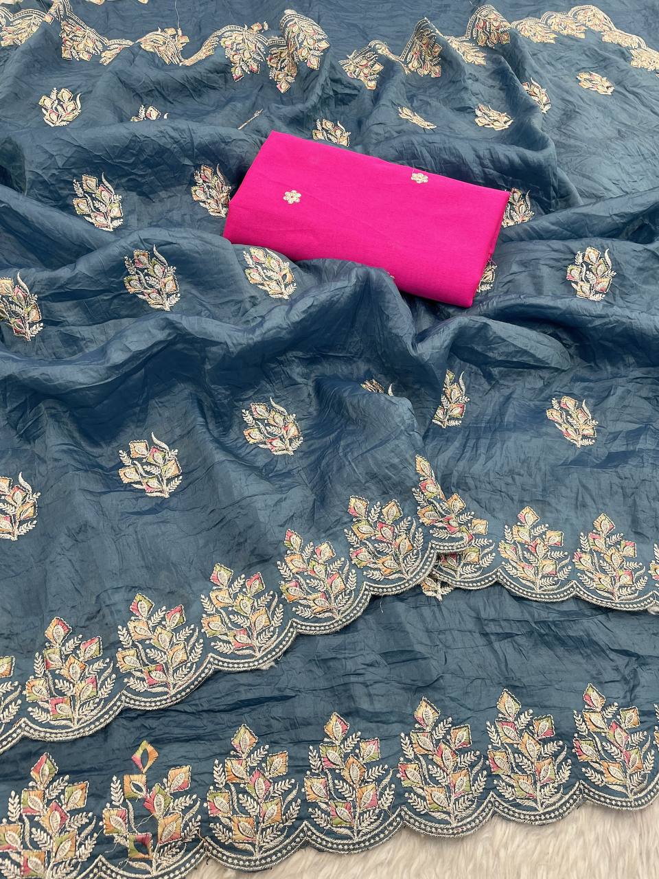 Slate Blue Premium Gold Crush Silk Saree with Multi-Thread C-Pallu Embroidery & Arch Cutwork Border