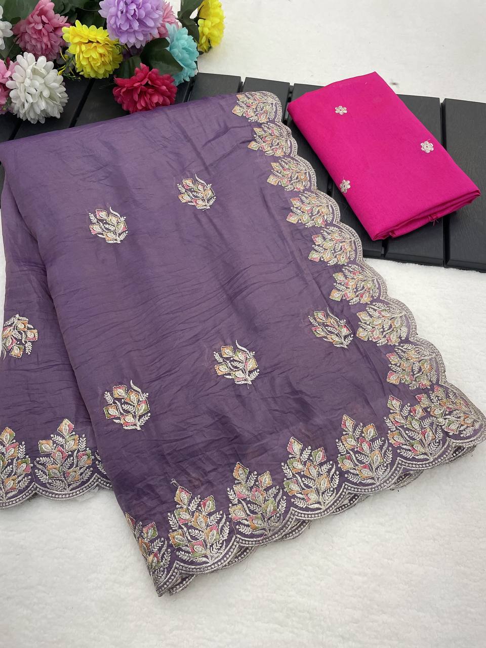 Dusty Purple Premium Gold Crush Silk Saree with Multi-Thread C-Pallu Embroidery & Arch Cutwork Border