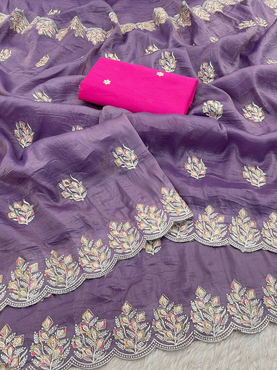 Dusty Purple Premium Gold Crush Silk Saree with Multi-Thread C-Pallu Embroidery & Arch Cutwork Border