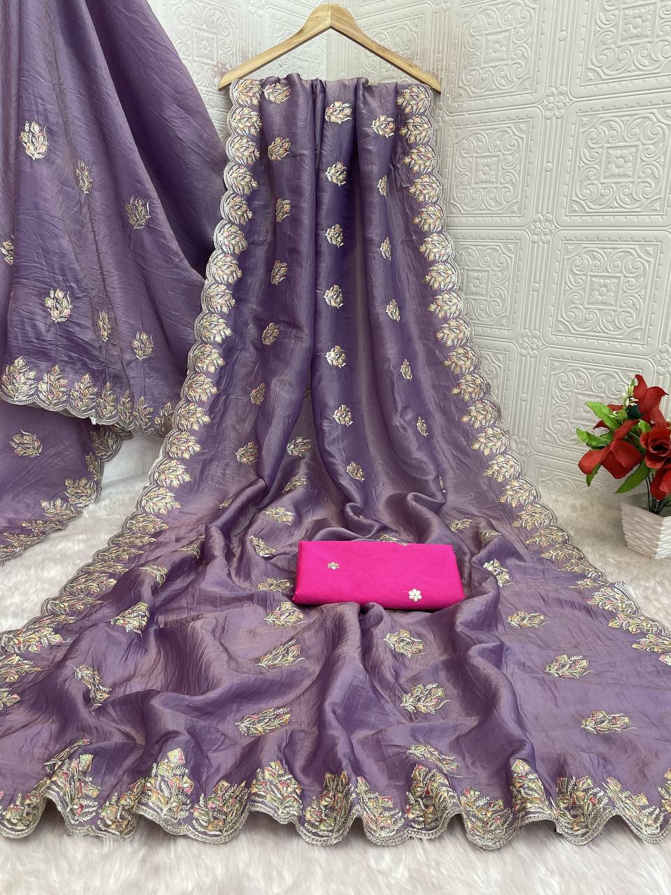 Dusty Purple Premium Gold Crush Silk Saree with Multi-Thread C-Pallu Embroidery & Arch Cutwork Border