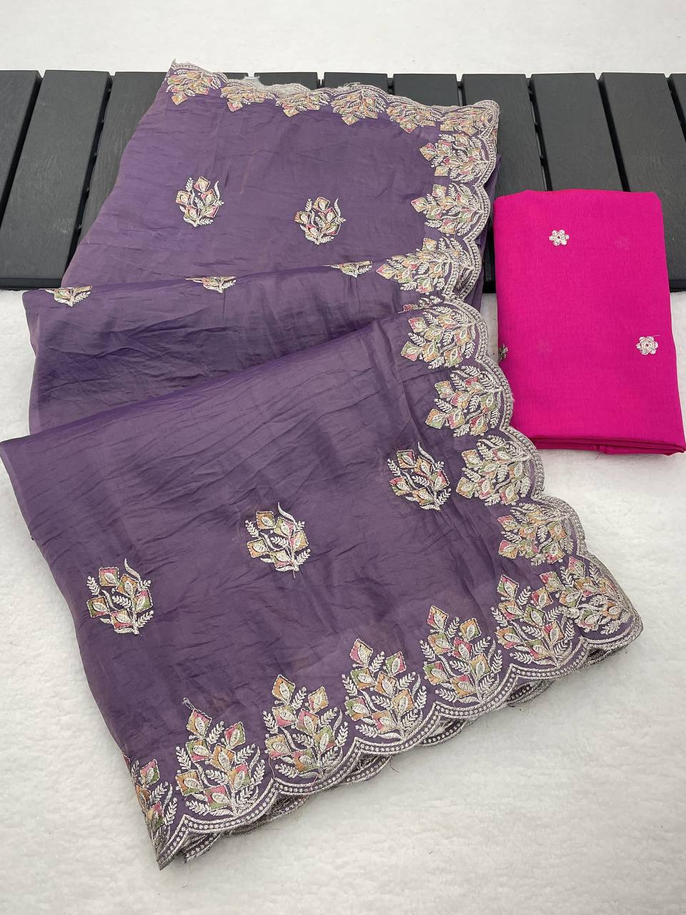 Dusty Purple Premium Gold Crush Silk Saree with Multi-Thread C-Pallu Embroidery & Arch Cutwork Border